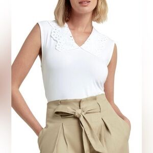 NWT H By Halston White Eyelet Collar Sleeveless V-Neck Top
